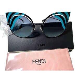 Fendi Womens Cat Eyes Blue Metal Frame 53mm Modified Sunglasses with Case New
